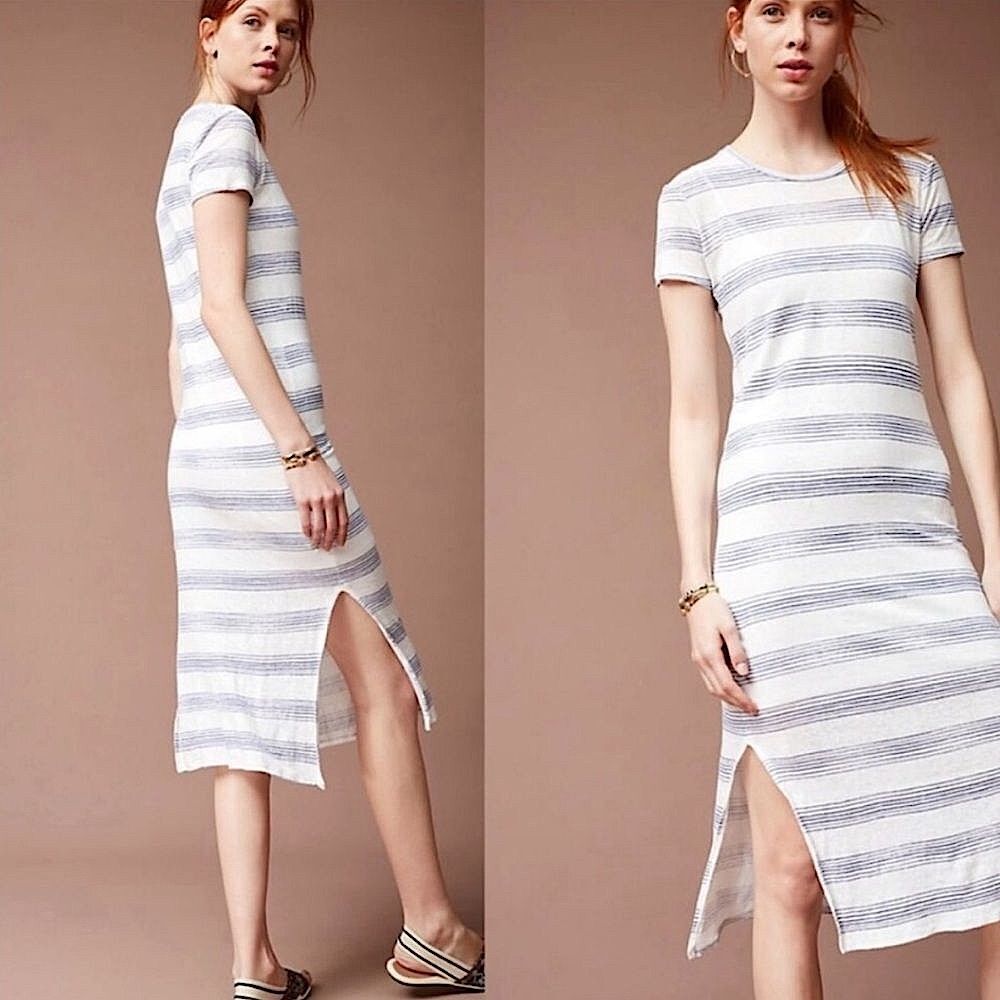 Anthropologie Stateside Linen Striped White Fully Lined Maxi Dress Size Small